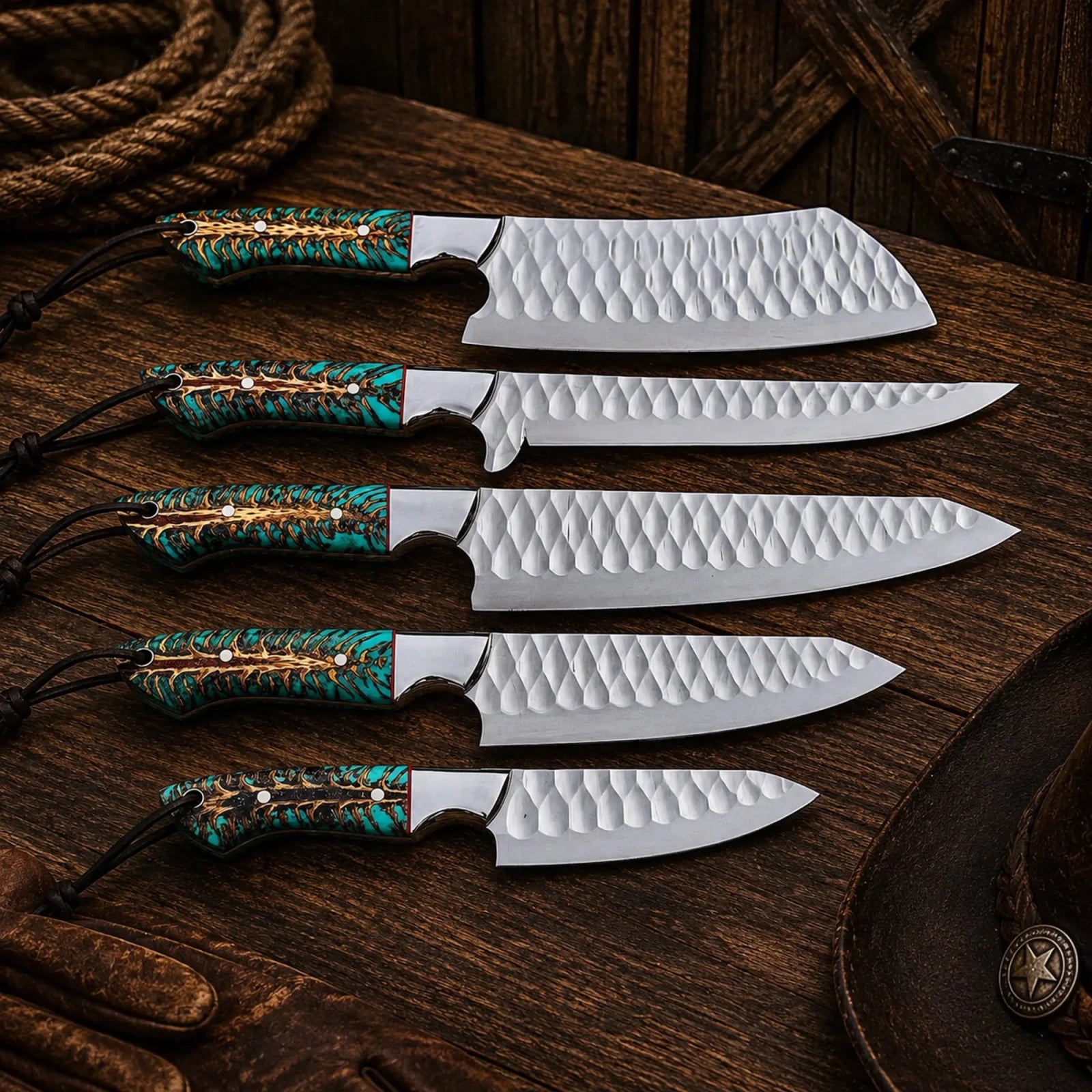 Wild Frontier Chef Knife Set – D2 Steel Pine Cone Resin Handles - SHAM KNIVESchef knifeSHAM KNIVESHandmade Wild Frontier chef knife set with hammered D2 steel blades and pine cone resin handles.