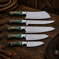 Handmade Wild Frontier chef knife set with hammered D2 steel blades and pine cone resin handles.