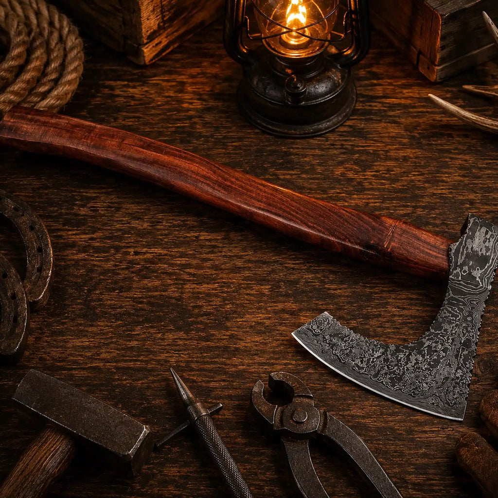 Wild Frontier Damascus Viking axe with natural rosewood handle