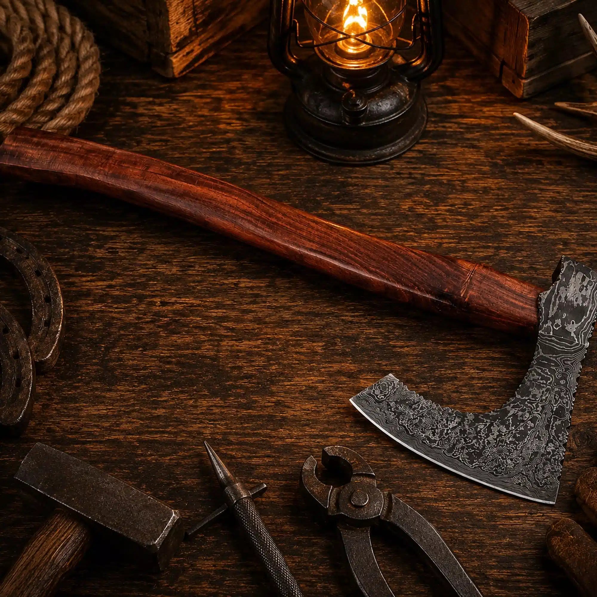 Wild Frontier Damascus Viking axe with natural rosewood handle