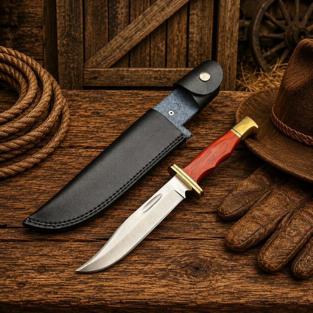 Dexter inspired Bowie knife with wooden handle and sheath