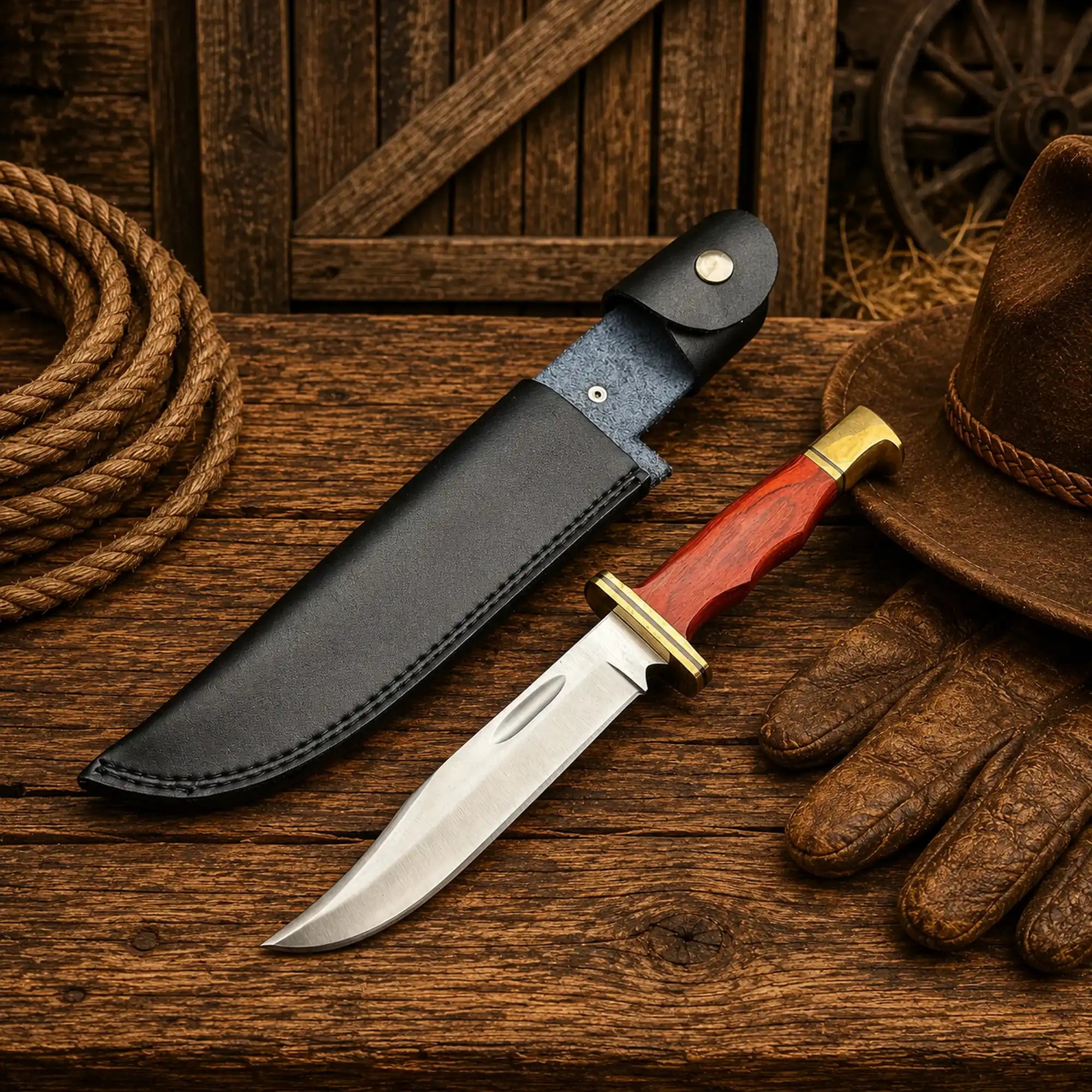 Dexter inspired Bowie knife with wooden handle and sheath