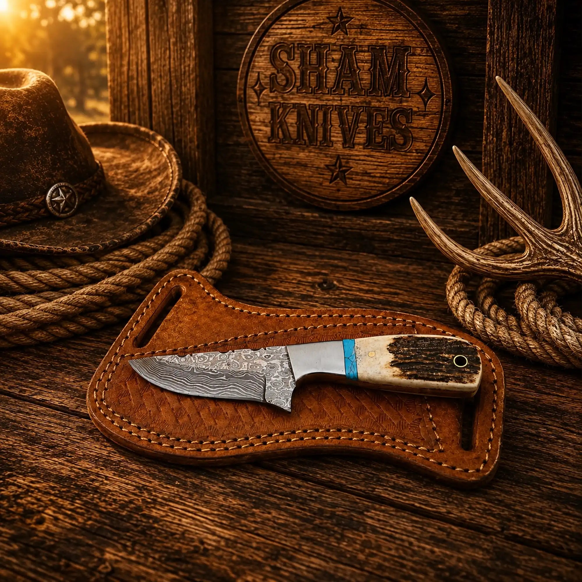 Working cowboy belt knife with 3.25-inch raindrop Damascus steel blade