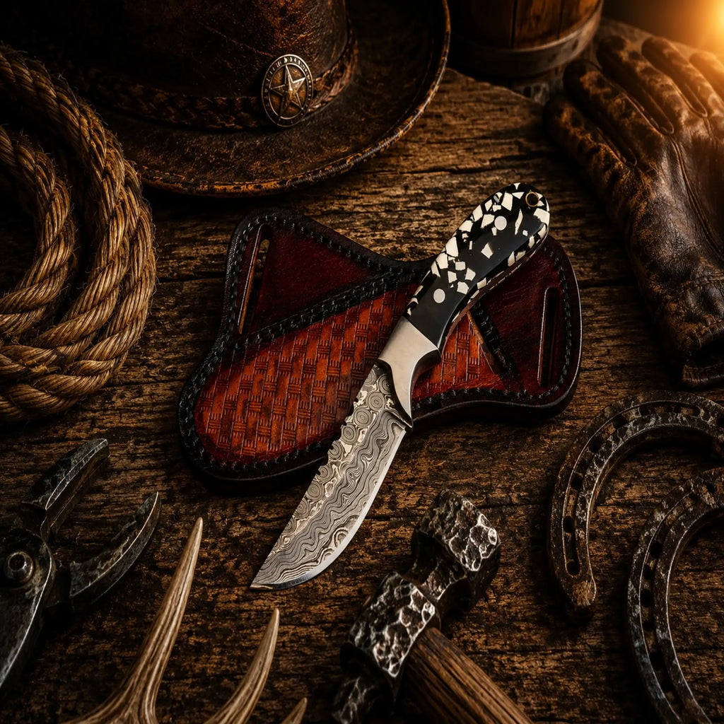 Working Cowboy Field Knife with handmade Damascus steel blade