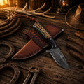 Working Cowboy Raindrop Damascus Knife with Pinecone Resin Buffalo Horn Handle