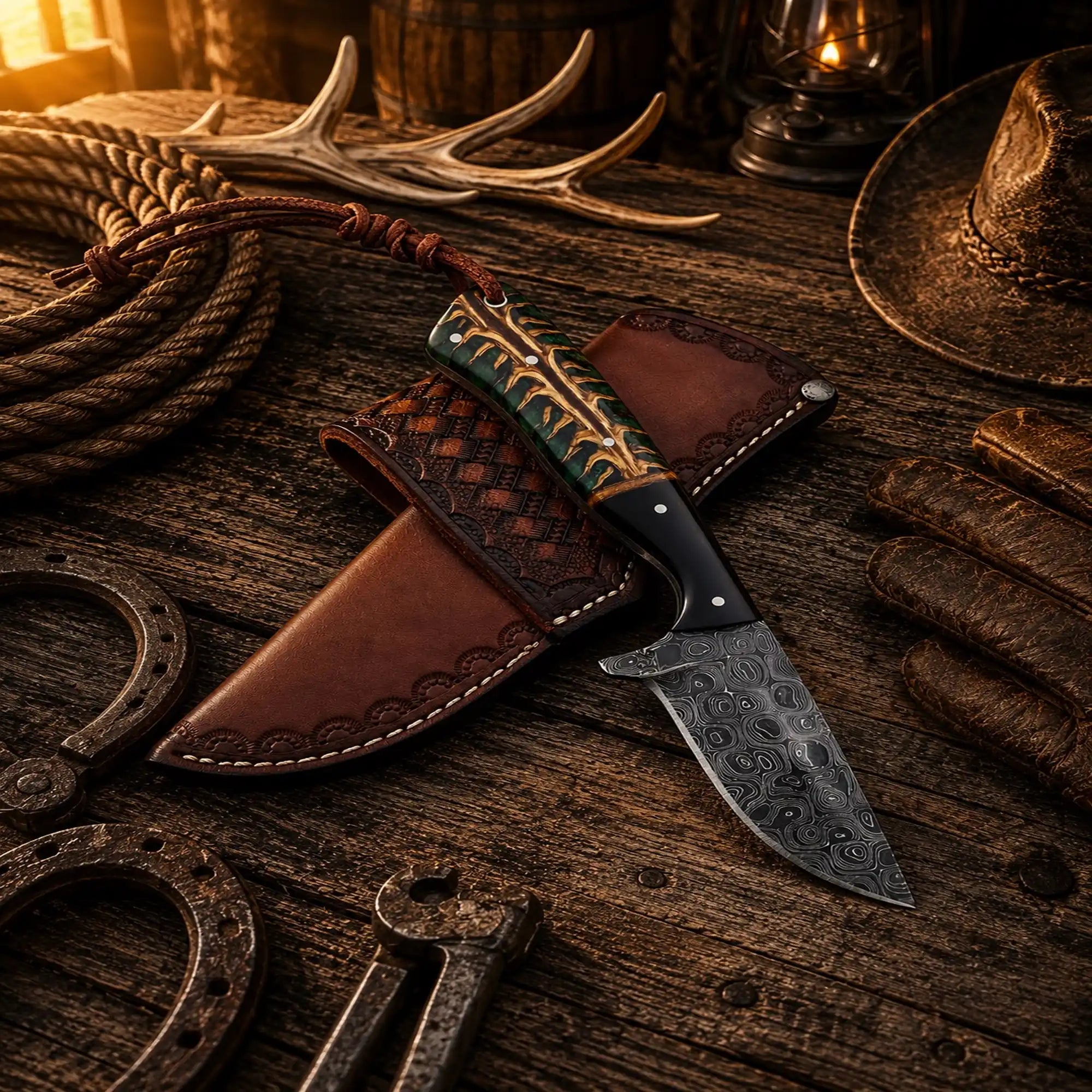 Working Cowboy Raindrop Damascus Knife with Pinecone Resin Buffalo Horn Handle