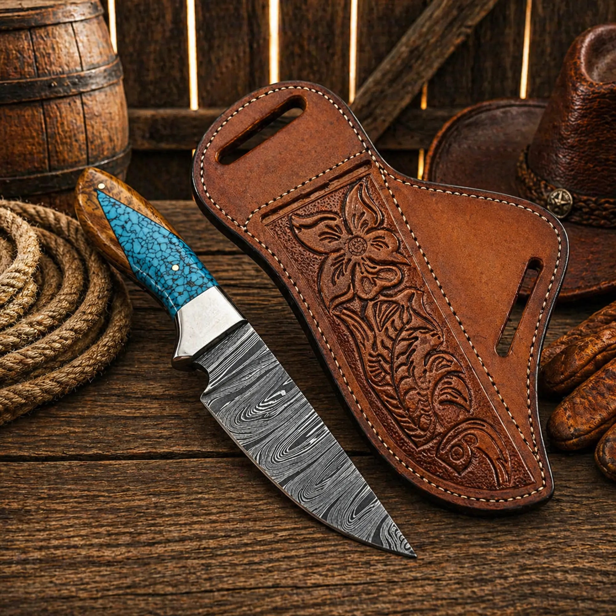 Handmade working ranch knife with Damascus steel blade and turquoise handle
