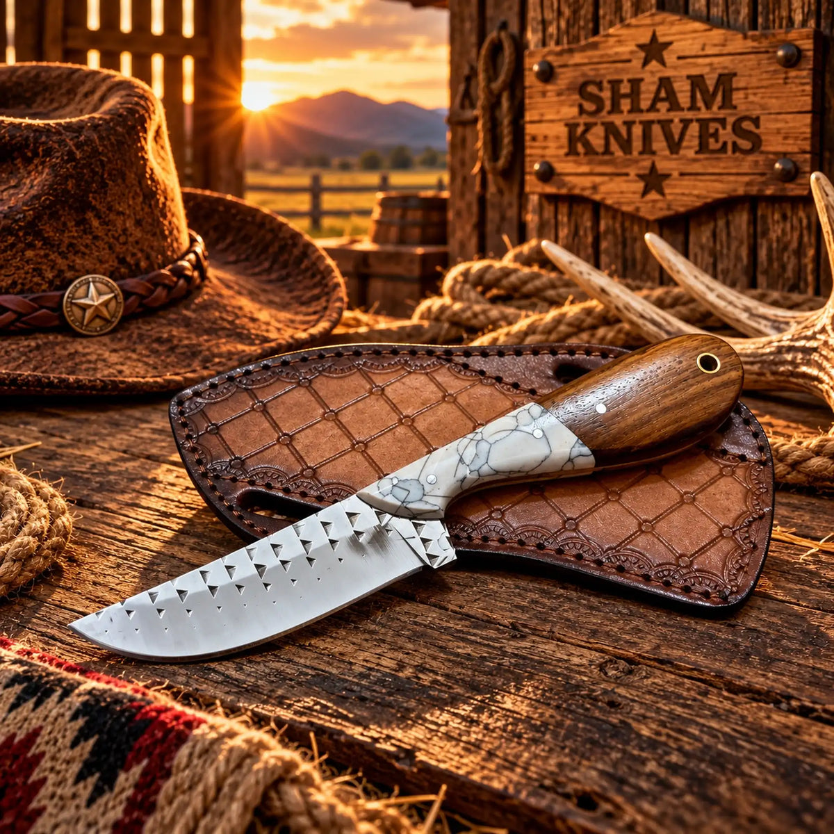 Wrangler Western skinning knife with rasp steel blade and two-tone handle
